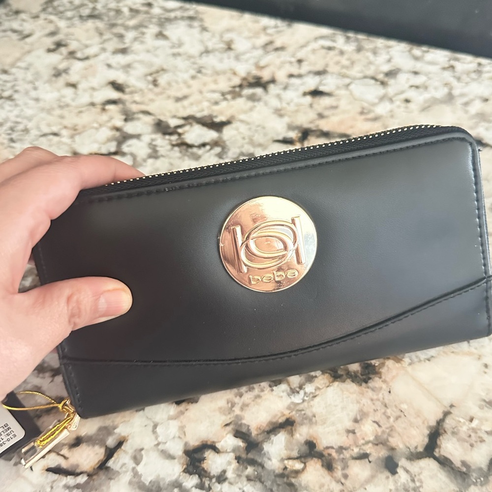 bebe Black Wallet with Gold Logo Medallion